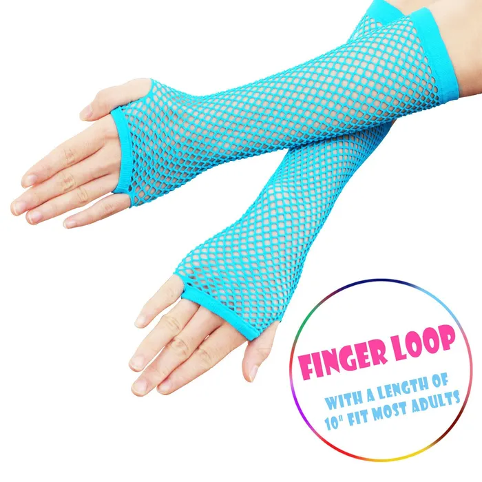 Neon Blue Long Fishnet Mesh Fingerless Gloves Perfectly Incorrect Vibrators